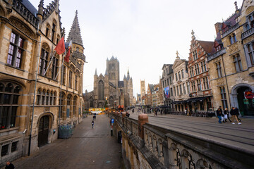 Korenmarkt , Main square in Ghent old town during Christmas winter cloudy day : Ghent , Belgium : November 30 , 2019