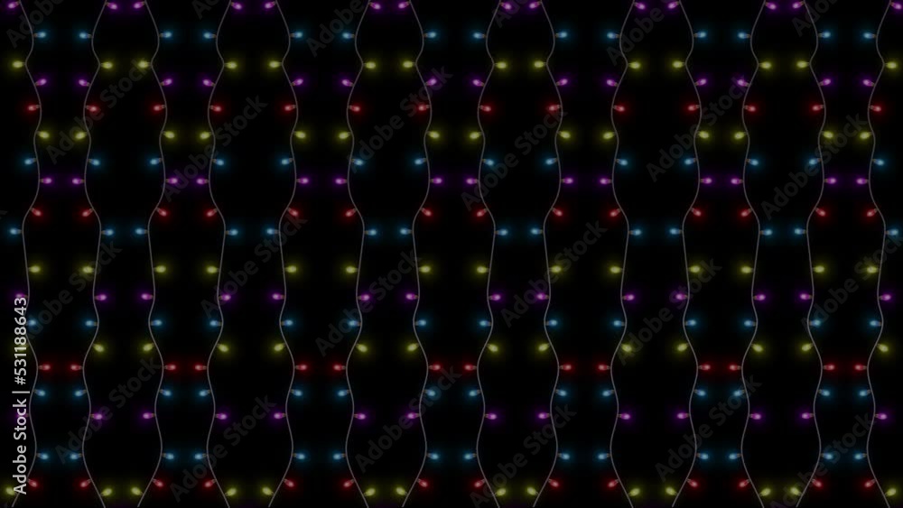 Fototapete golden red 4k 3d loop string of colorful light bulbs. christmas frame with pattern of glowing tungst
