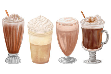 Cup of coffee set. Image of cup of coffee in a watercolor style. Isolated illustration on a white background.