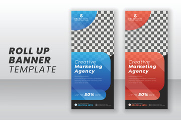 Innovative enterprise business roll up banner stand for company exhibition display presentation template design