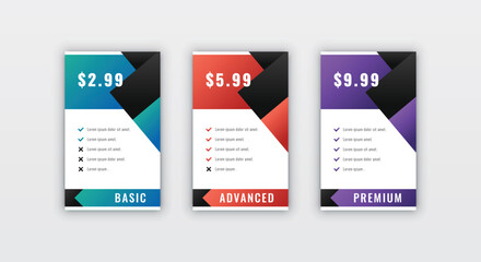 Creative shape pricing table info panel design for website