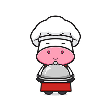 Cute cow chef holding plate mascot cartoon icon illustration