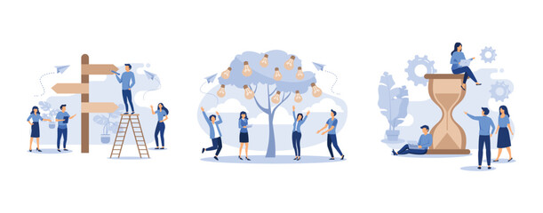 choice of directions, people grow potted plants, hourglass on white background, set flat vector modern illustration