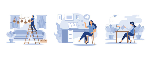 brainstorming, joyful girl with a phone in her hand likes, have dialogue and communicate at workplace between colleagues, set flat vector modern illustration