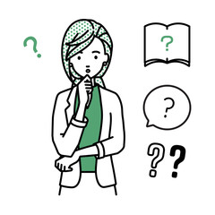 立って手をあごにあてて疑問を感じているジャケットの女性 クエスチョンマークのセット