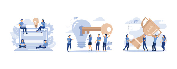 young programmers code the web site on the laptop from the command line, creative concept idea key to success, best score winner prize, set flat vector modern illustration