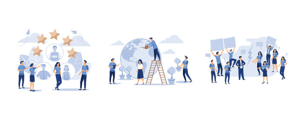 a business company is looking for an employee to work in the form of puzzles, little men prepare for the day of the Earth, Angry, unhappy people, set flat vector modern illustration
