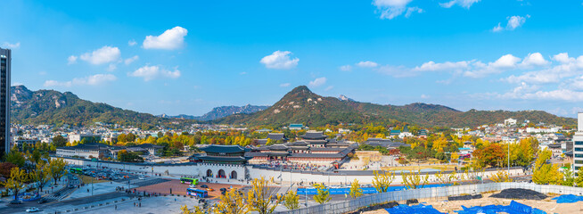 Aerial view panorama of Gyeongbokgung Palace in autumn.In Seoul South Korea And blue sky and white clouds