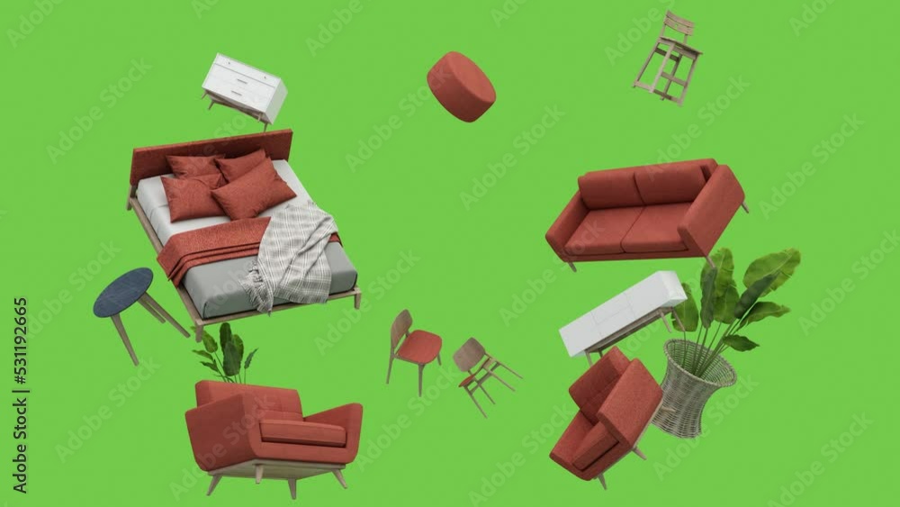 Poster pastel sofa surrounding by coffee table armchair bed and plant pot furniture that is floating and sp