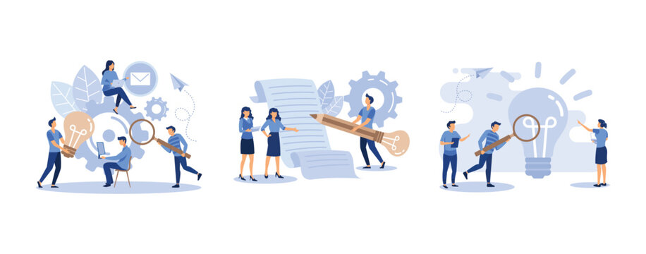 business concept for teamwork, pencil with light bulb, searching for new ideas solutions, set flat vector modern illustration