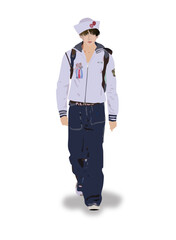 a young asian person wear a white sailor jacket, Sailor hat, deep blue jeans, black backpack on background, realistic minimalist illustration vector