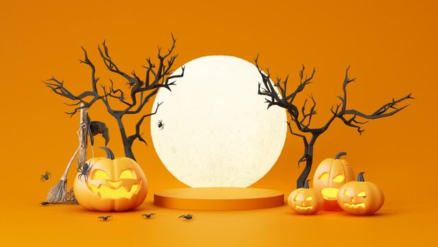 Happy Halloween party posters set with night clouds and pumpkins in cartoon illustration. Full moon, witch cauldron, spiders web and skull. Place for text. Brochure background. 3d render animation
