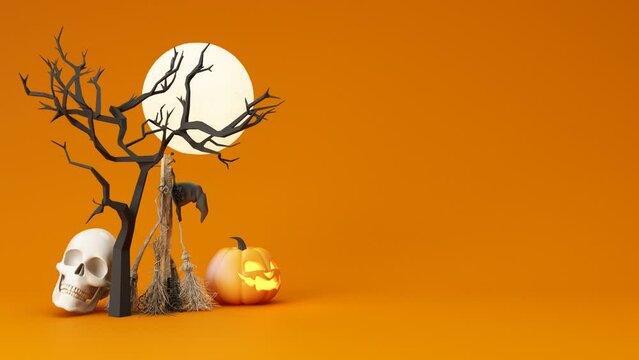 Happy Halloween party posters set with night clouds and pumpkins in cartoon illustration. Full moon, witch cauldron, spiders web and skull. Place for text. Brochure background. 3d render animation