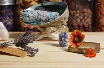 Dried Lavender With Palo Santo Wood and Abalone Shell For Smudging Ritual