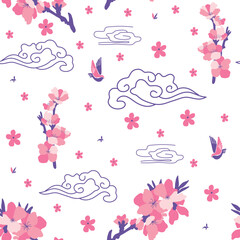 Seamless pattern with peach flower and nature