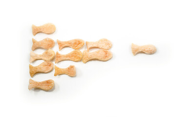 leadership concept, one fish cracker leads a group of other fish crackers