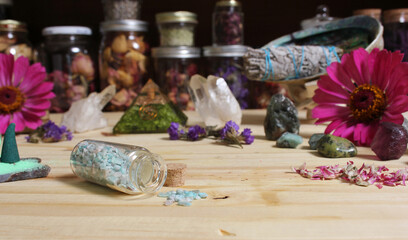 Incense Cones on Stone Slab With Crystals and Flowers