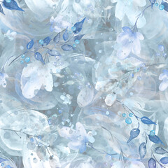 Watercolor art pattern, background with a floral pattern. vintage drawings of plants, flowers,willow branch, berry. For cloth, paper, scarf. A flower of a camomile.iridescent abstract background.