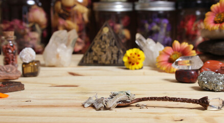 Sage in Vintage Spoon on Meditation Altar With Pyramid in Background