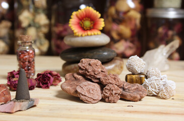 Incense Cones and Desert Rose Rocks on Meditation Table