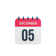 December Realistic Calendar Icon 3D Rendered Date December 05