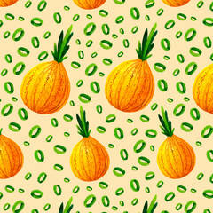 seamless pattern yellow onions with green leaves and rings on a light background