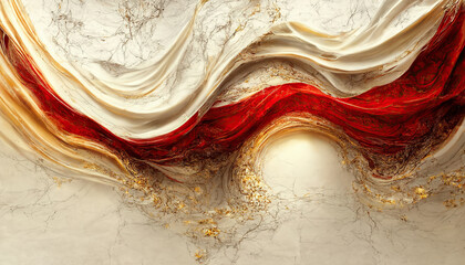 Abstract luxury marble background. Digital art marbling texture. Red and gold colors. 3d illustration