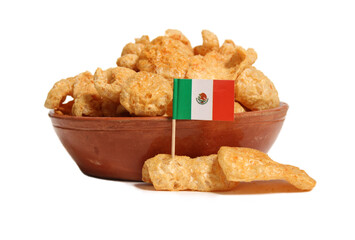 Bowl of Fried Pork Skins With Flag of Mexico Isolated on White Background