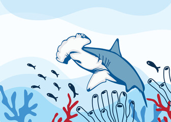 Hammerhead shark underwater background - obrazy, fototapety, plakaty