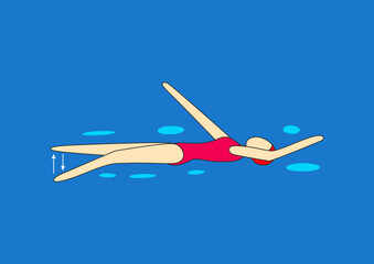 Backstroke (arm, leg work). Young girl swim in swimming pool.