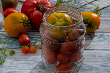 Tomatoes selected for canning, in jars of different sizes on the kitchen table.