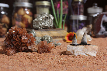 Chakra Stones With Aloe Vera and Incense Cones on Australian Red Sand