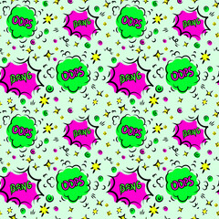 Seamless pattern cartoon comic cloud speech bubble with oops and bang text. Doodle sketch style. Explosion cloud background