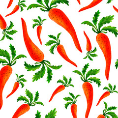 seamless pattern red carrots with green leaves on a light background