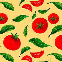 seamless pattern red tomatoes with green leaves on yellow background