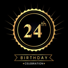 Happy 24th birthday with gold badges isolated on black background.  Premium design for poster, banner, birthday card, greeting card, birthday celebrations, invitation card, congratulations.