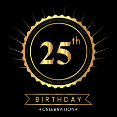Fototapeta premium Happy 25th birthday with gold badges isolated on black background. Premium design for poster, banner, birthday card, greeting card, birthday celebrations, invitation card, congratulations.