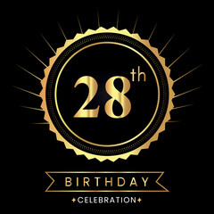 Happy 28th birthday with gold badges isolated on black background.  Premium design for poster, banner, birthday card, greeting card, birthday celebrations, invitation card, congratulations.
