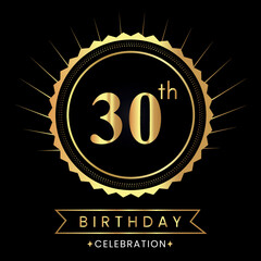 Happy 30th birthday with gold badges isolated on black background.  Premium design for poster, banner, birthday card, greeting card, birthday celebrations, invitation card, congratulations.