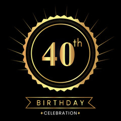 Happy 40th birthday with gold badges isolated on black background.  Premium design for poster, banner, birthday card, greeting card, birthday celebrations, invitation card, congratulations.