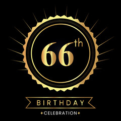 Happy 66th birthday with gold badges isolated on black background.  Premium design for poster, banner, birthday card, greeting card, birthday celebrations, invitation card, congratulations.