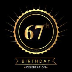 Naklejka premium Happy 67th birthday with gold badges isolated on black background. Premium design for poster, banner, birthday card, greeting card, birthday celebrations, invitation card, congratulations.