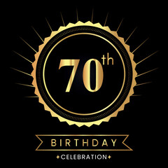 Happy 70th birthday with gold badges isolated on black background.  Premium design for poster, banner, birthday card, greeting card, birthday celebrations, invitation card, congratulations.