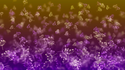 Abstract Artistic Purple Yellow Blurry Focus Big And Small Flying Dandelion Flower Shape Particles Background