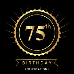 Fototapeta premium Happy 75th birthday with gold badges isolated on black background. Premium design for poster, banner, birthday card, greeting card, birthday celebrations, invitation card, congratulations.