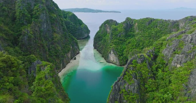 Aerial view of Phi Phi islands Travel Landmark of Krabi Phuket, Thailand. Amazing Drone footage over Maya beach with beautiful blue turquoise seawater. Tourist attraction in summer holidays.