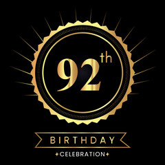Happy 92th birthday with gold badges isolated on black background.  Premium design for poster, banner, birthday card, greeting card, birthday celebrations, invitation card, congratulations.