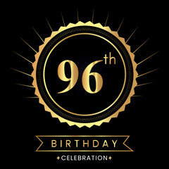 Happy 96th birthday with gold badges isolated on black background.  Premium design for poster, banner, birthday card, greeting card, birthday celebrations, invitation card, congratulations.