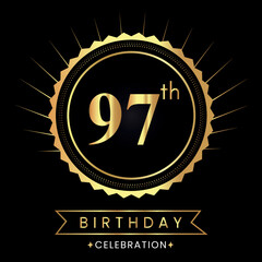 Happy 97th birthday with gold badges isolated on black background.  Premium design for poster, banner, birthday card, greeting card, birthday celebrations, invitation card, congratulations.