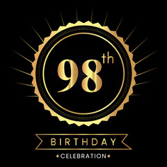 Happy 98th birthday with gold badges isolated on black background.  Premium design for poster, banner, birthday card, greeting card, birthday celebrations, invitation card, congratulations.